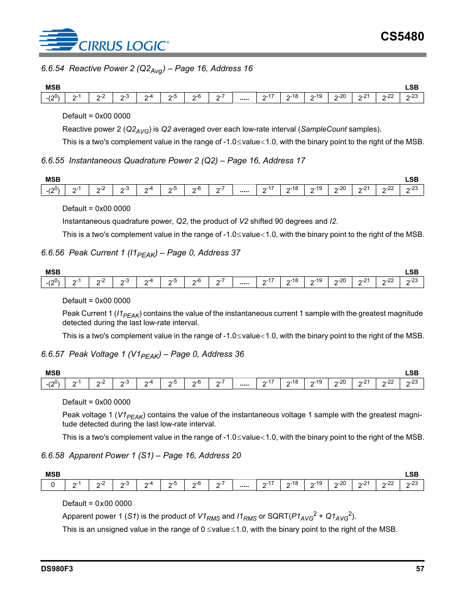 Cs5480, 54 reactive power 2 (q2, Page 16, address 16 | 56 peak current 1 (i1, Page 0, address 37, 57 peak voltage 1 (v1, Page 0, address 36 | Cirrus Logic CS5480 User Manual | Page 57 / 70