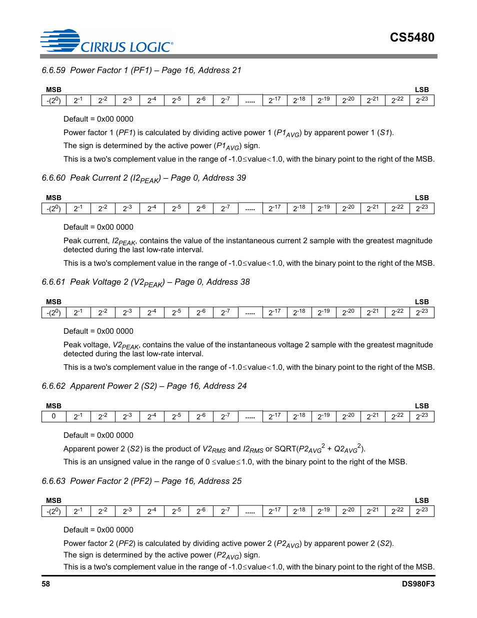 Cs5480, 60 peak current 2 (i2, Page 0, address 39 | 61 peak voltage 2 (v2, Page 0, address 38 | Cirrus Logic CS5480 User Manual | Page 58 / 70