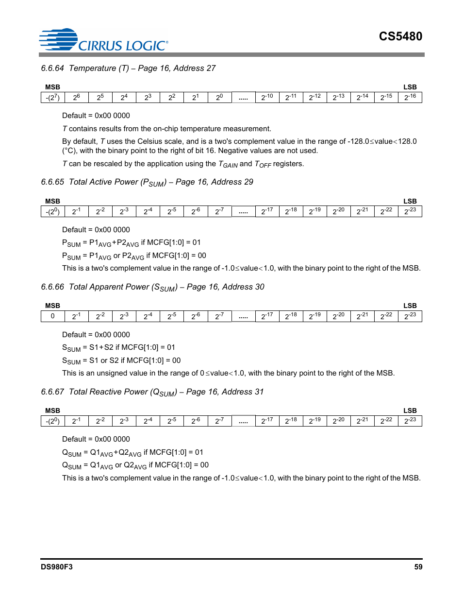 Cs5480, 64 temperature (t), Page 16, address 27 | 65 total active power (p, Page 16, address 29, 66 total apparent power (s, Page 16, address 30, 67 total reactive power (q, Page 16, address 31 | Cirrus Logic CS5480 User Manual | Page 59 / 70
