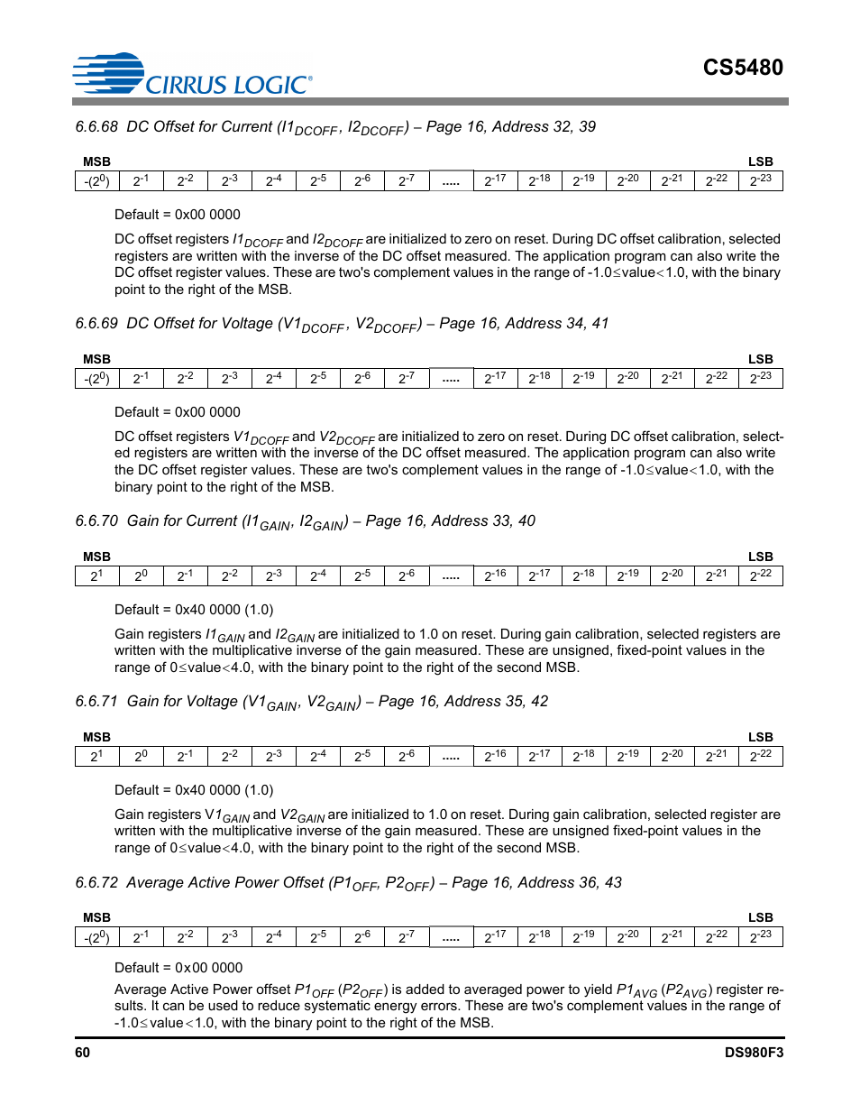 Cs5480, 68 dc offset for current (i1, 69 dc offset for voltage (v1 | 70 gain for current (i1, 71 gain for voltage (v1, 72 average active power offset (p1 | Cirrus Logic CS5480 User Manual | Page 60 / 70