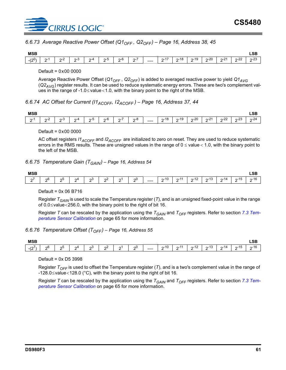 Cs5480, 73 average reactive power offset (q1, 74 ac offset for current (i1 | 75 temperature gain (t, 76 temperature offset (t | Cirrus Logic CS5480 User Manual | Page 61 / 70