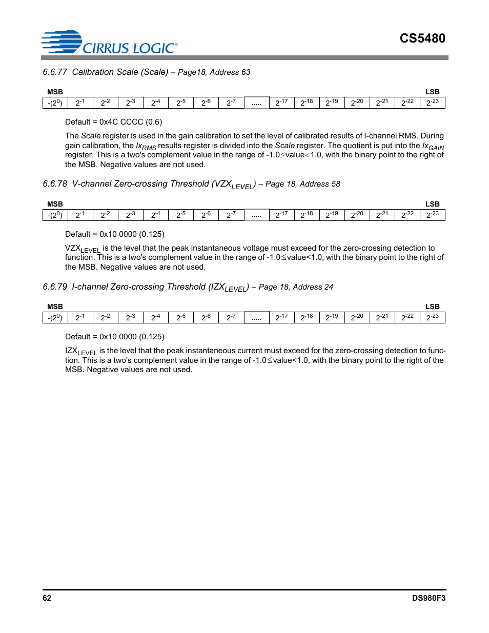 Cs5480, 77 calibration scale (scale), 78 v-channel zero-crossing threshold (vzx | 79 i-channel zero-crossing threshold (izx | Cirrus Logic CS5480 User Manual | Page 62 / 70