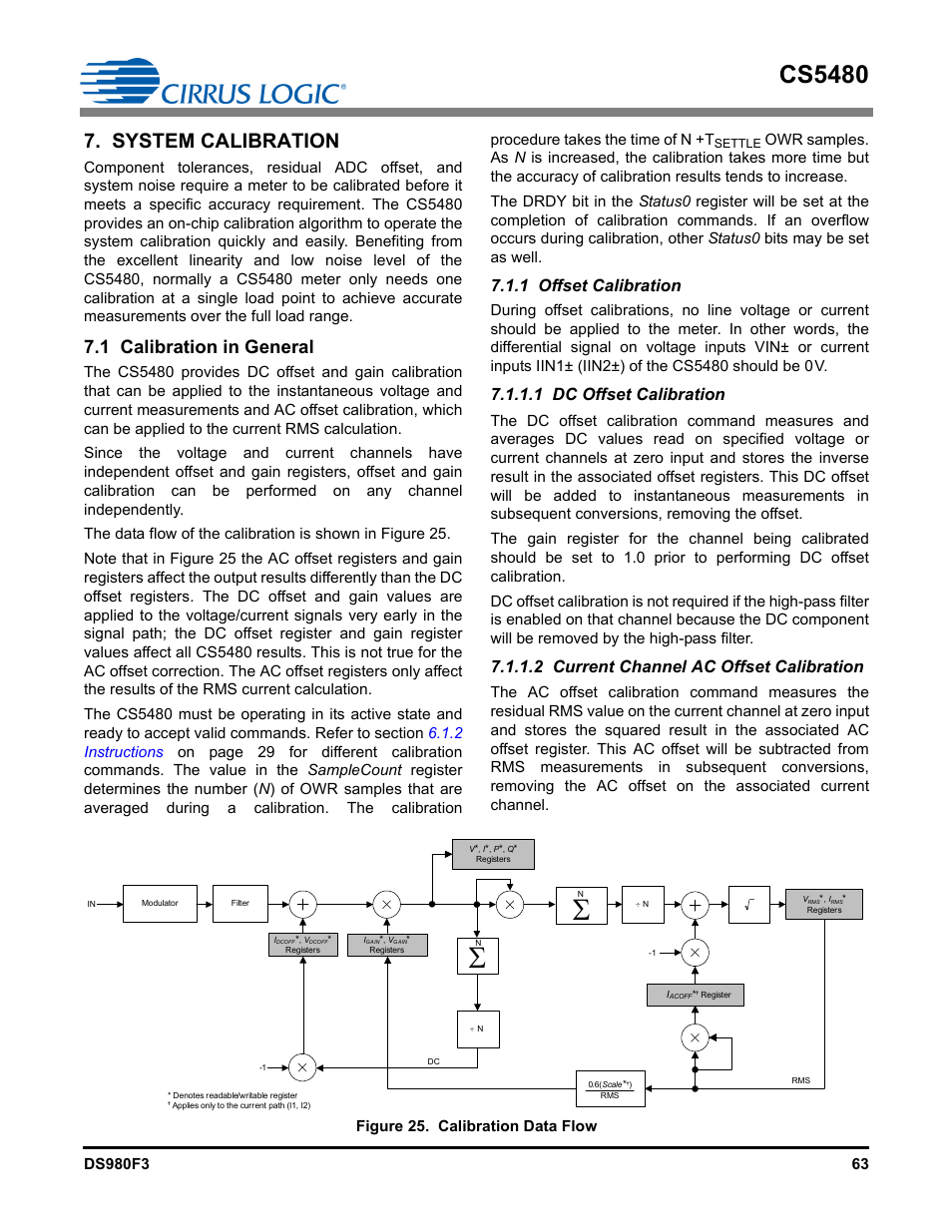 System calibration, 1 calibration in general, 1 offset calibration | 1 dc offset calibration, 2 current channel ac offset calibration, Figure 25. calibration data flow, Cs5480 | Cirrus Logic CS5480 User Manual | Page 63 / 70