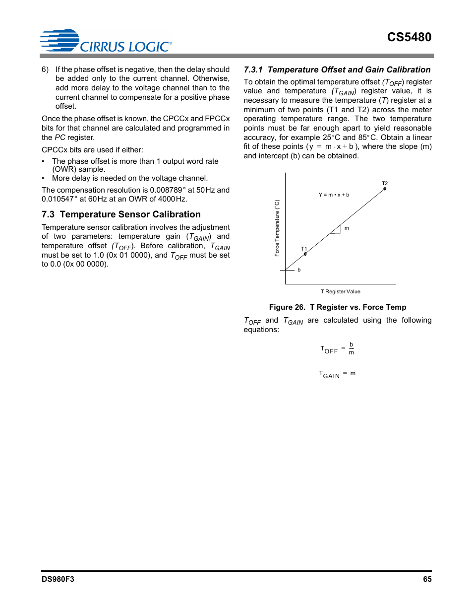 3 temperature sensor calibration, 1 temperature offset and gain calibration, Figure 26. t register vs. force temp | 3 tem, Perature sensor calibration, Cs5480 | Cirrus Logic CS5480 User Manual | Page 65 / 70