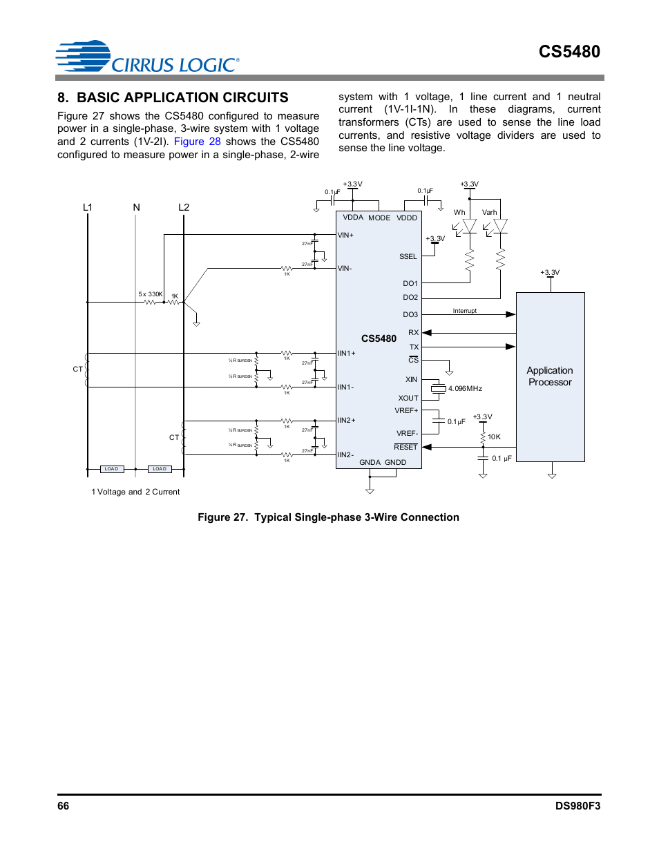 Basic application circuits, Figure 27. typical single-phase 3-wire connection, Cs5480 | L1 l2 n, Application processor | Cirrus Logic CS5480 User Manual | Page 66 / 70