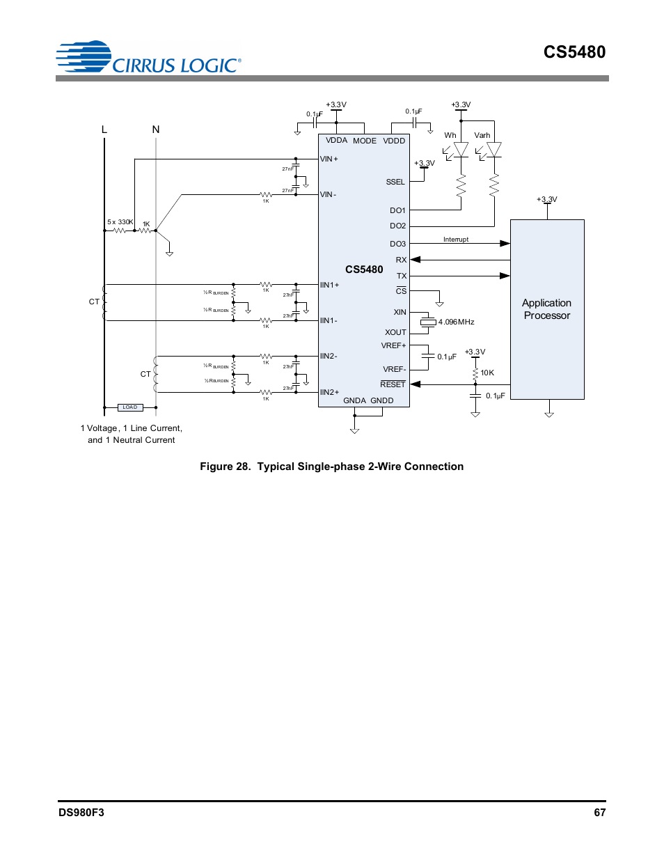 Figure 28. typical single-phase 2-wire connection, Cs5480, Application processor | Cirrus Logic CS5480 User Manual | Page 67 / 70