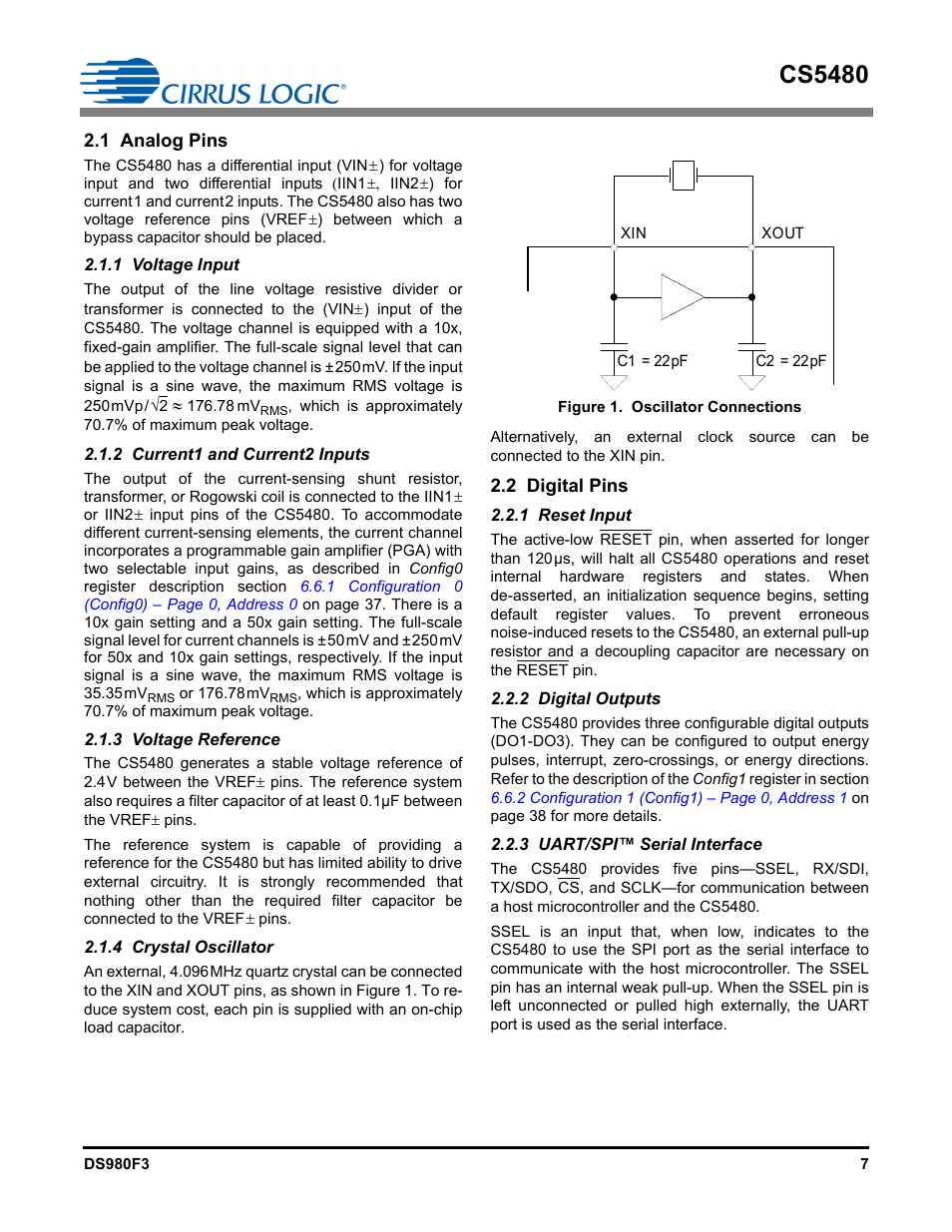 1 analog pins, 1 voltage input, 2 current1 and current2 inputs | 3 voltage reference, 4 crystal oscillator, 2 digital pins, 1 reset input, 2 digital outputs, 3 uart/spi™ serial interface, Figure 1. oscillator connections | Cirrus Logic CS5480 User Manual | Page 7 / 70