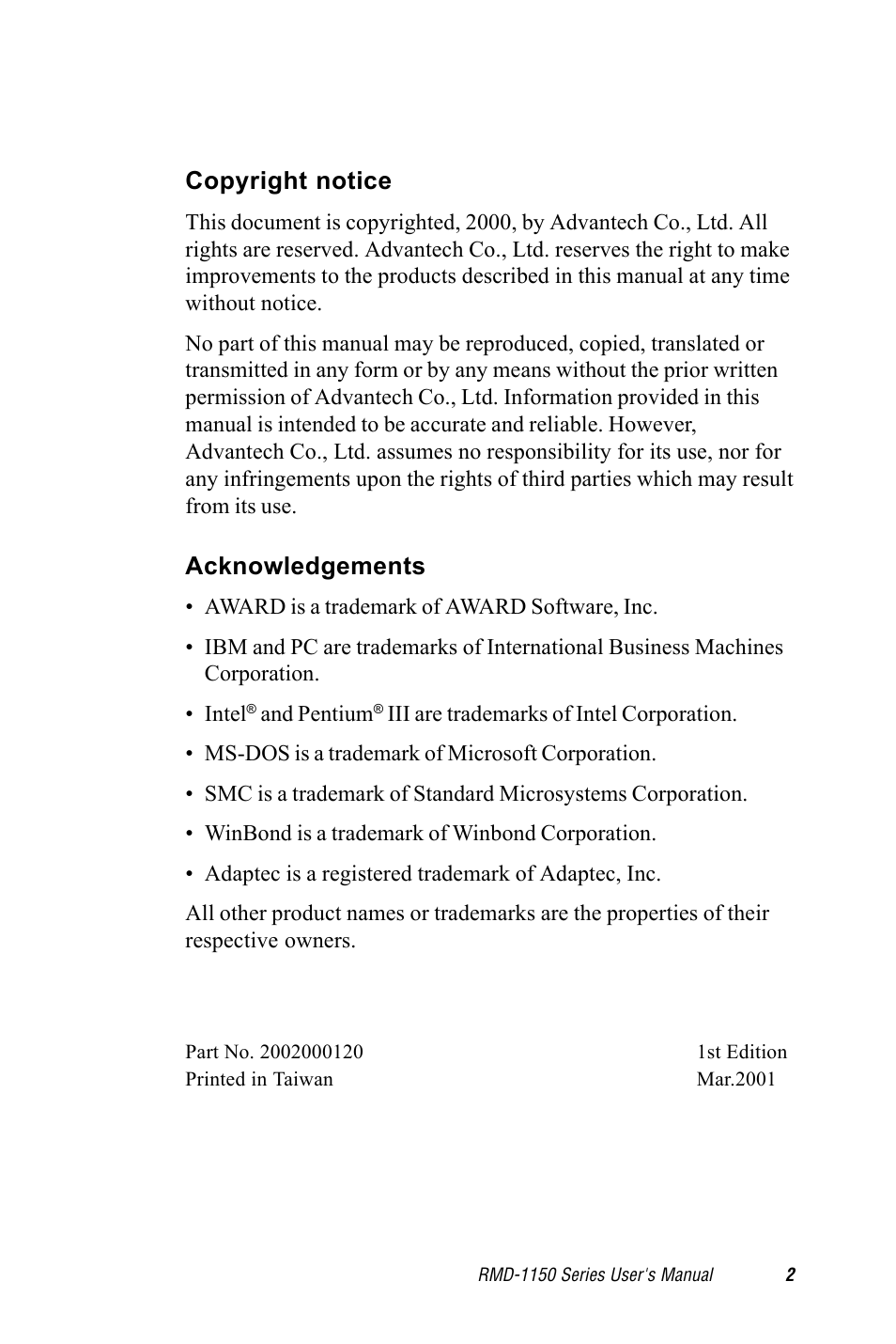 Copyright notice, Acknowledgements | Advantech RMD-1150 User Manual | Page 2 / 38