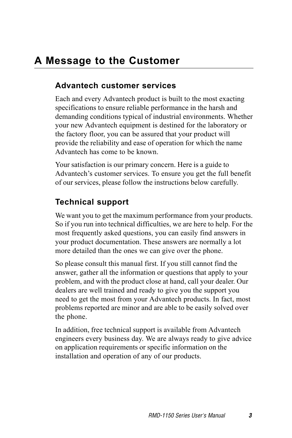 A message to the customer | Advantech RMD-1150 User Manual | Page 3 / 38