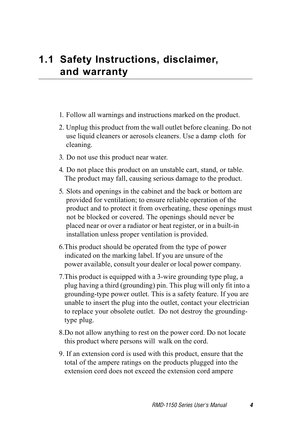 1 safety instructions, disclaimer and warranty, p4, 1 safety instructions, disclaimer, and warranty | Advantech RMD-1150 User Manual | Page 4 / 38