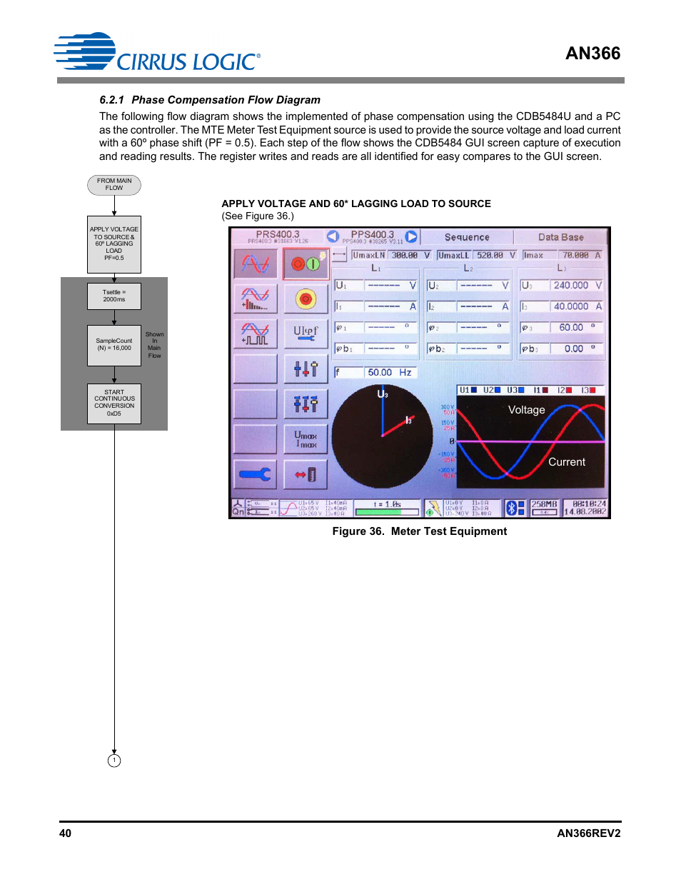 1 phase compensation flow diagram, An366, Figure 36. meter test equipment | Current voltage | Cirrus Logic AN366 User Manual | Page 40 / 50