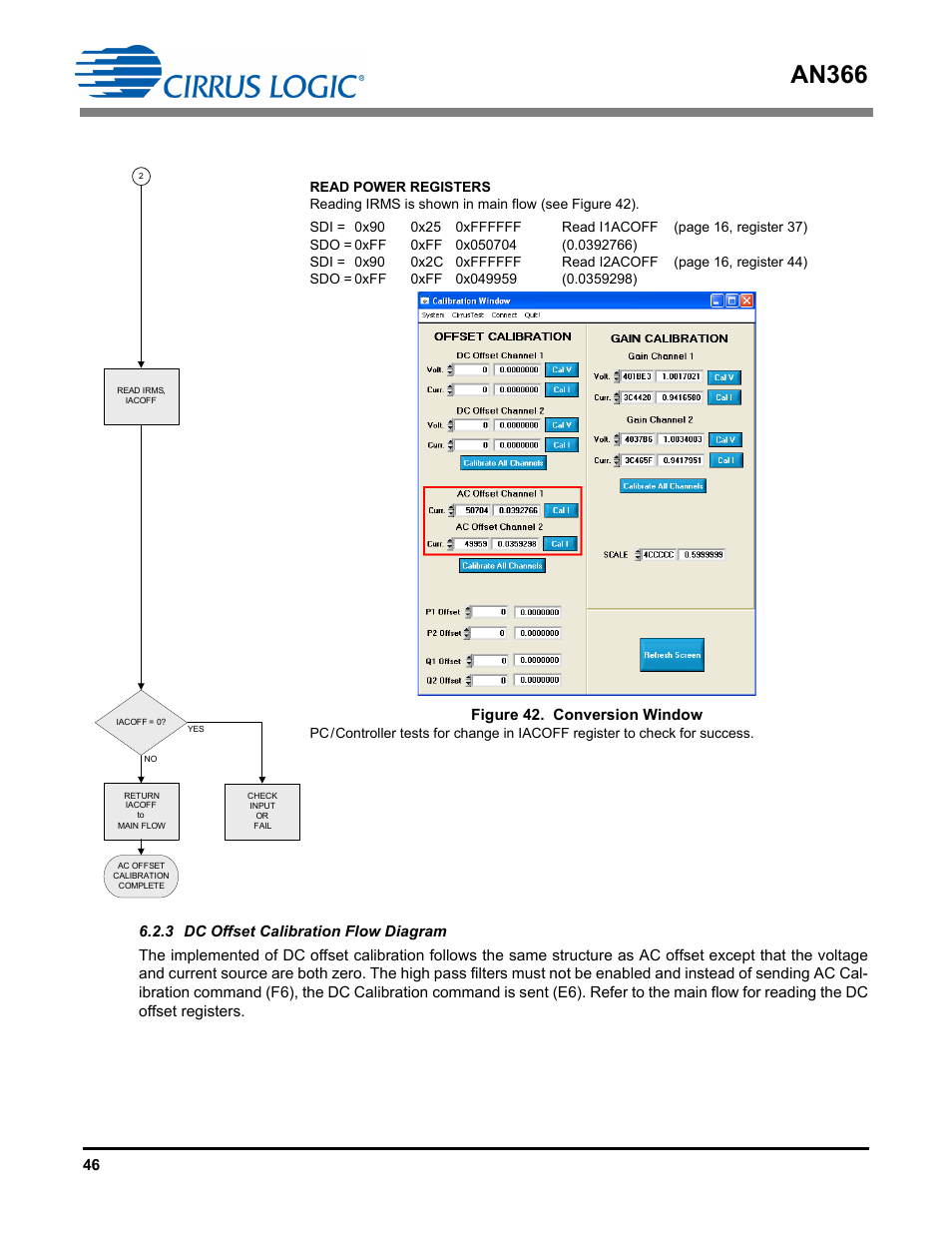 3 dc offset calibration flow diagram, An366, Figure 42. conversion window | Cirrus Logic AN366 User Manual | Page 46 / 50