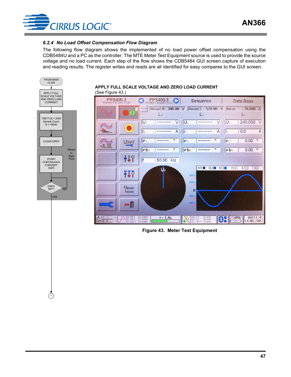 4 no load offset compensation flow diagram, An366, Figure 43. meter test equipment | Cirrus Logic AN366 User Manual | Page 47 / 50