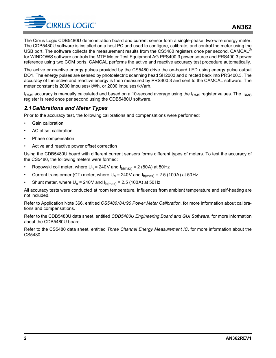 1 calibrations and meter types, An362 | Cirrus Logic AN362 User Manual | Page 2 / 16
