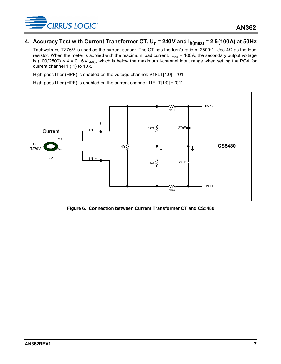 An362, Accuracy test with current transformer ct, u, 240v and i | Cs5480, Current | Cirrus Logic AN362 User Manual | Page 7 / 16