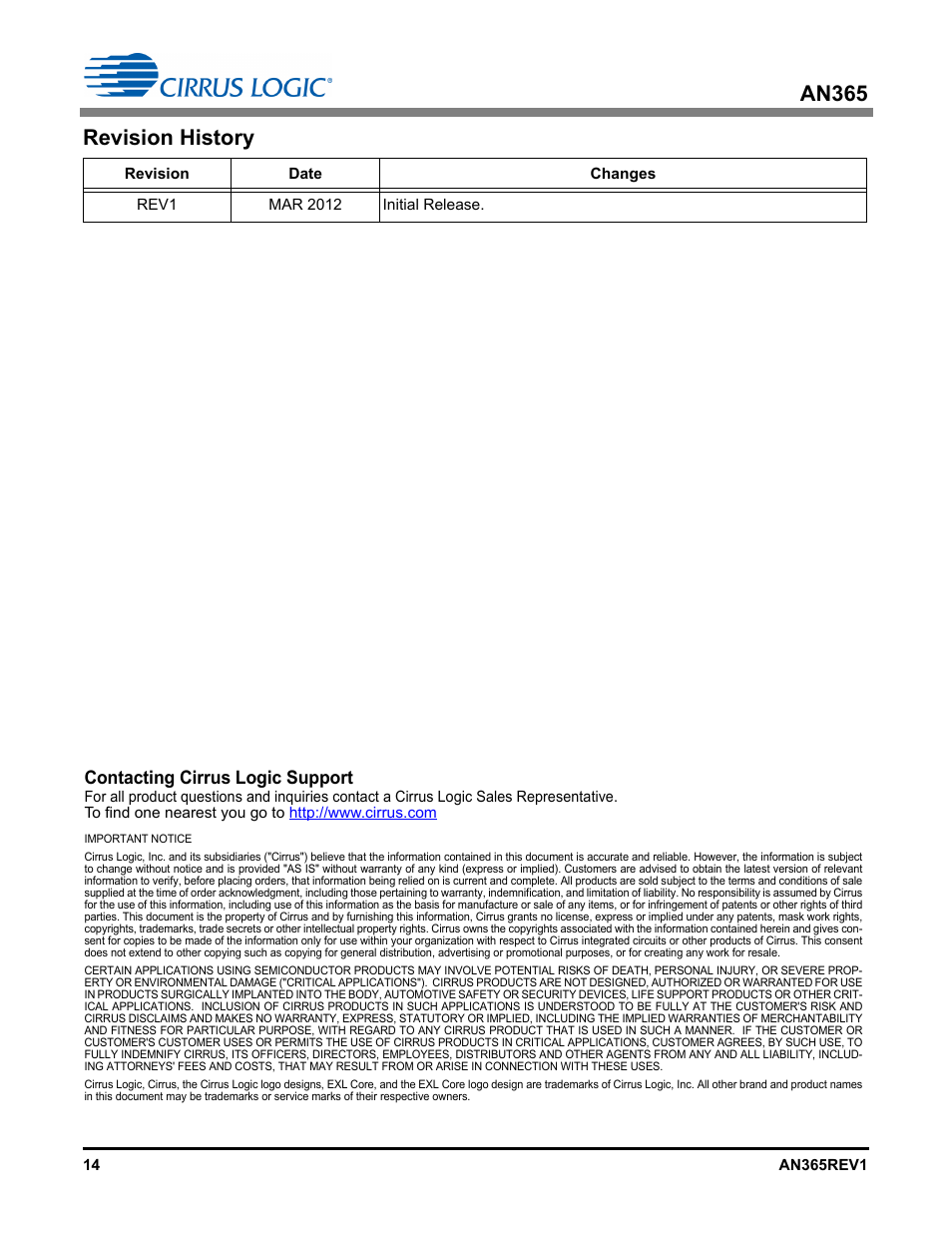 An365, Revision history, Contacting cirrus logic support | Cirrus Logic AN365 User Manual | Page 14 / 14