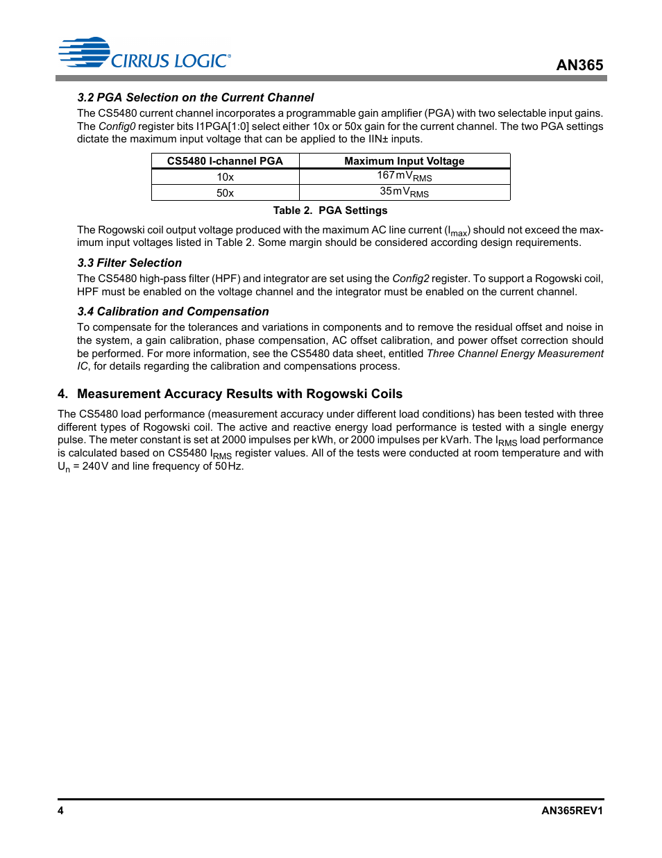 2 pga selection on the current channel, 3 filter selection, 4 calibration and compensation | Measurement accuracy results with rogowski coils, An365 | Cirrus Logic AN365 User Manual | Page 4 / 14