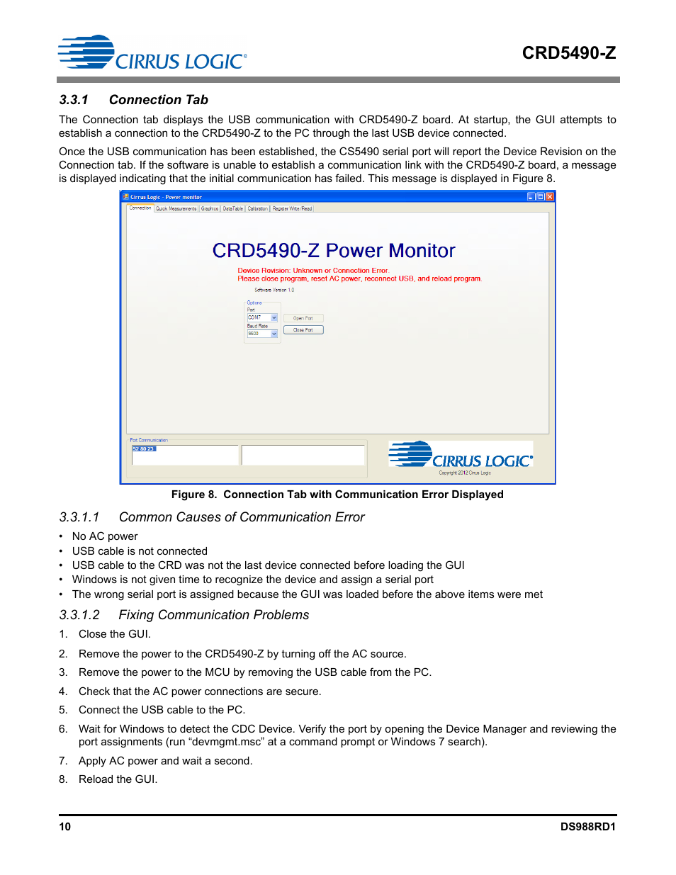 1 connection tab, 1 common causes of communication error, 2 fixing communication problems | Crd5490-z | Cirrus Logic CRD5490 User Manual | Page 10 / 40