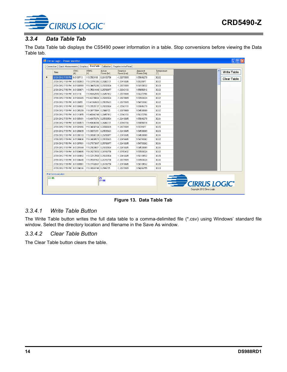 4 data table tab, 1 write table button, 2 clear table button | Crd5490-z | Cirrus Logic CRD5490 User Manual | Page 14 / 40