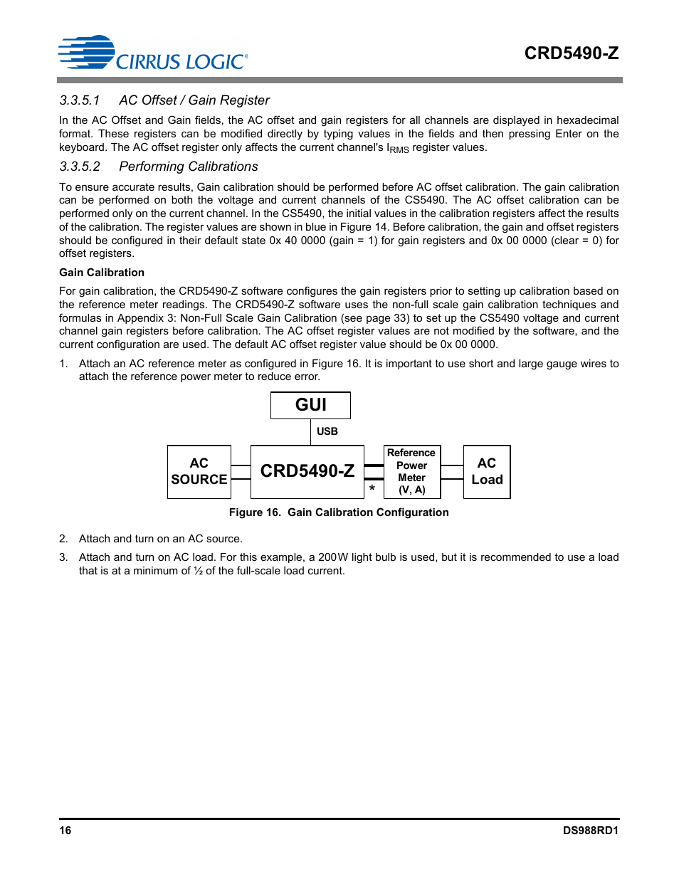 1 ac offset / gain register, 2 performing calibrations, Crd5490-z | Cirrus Logic CRD5490 User Manual | Page 16 / 40