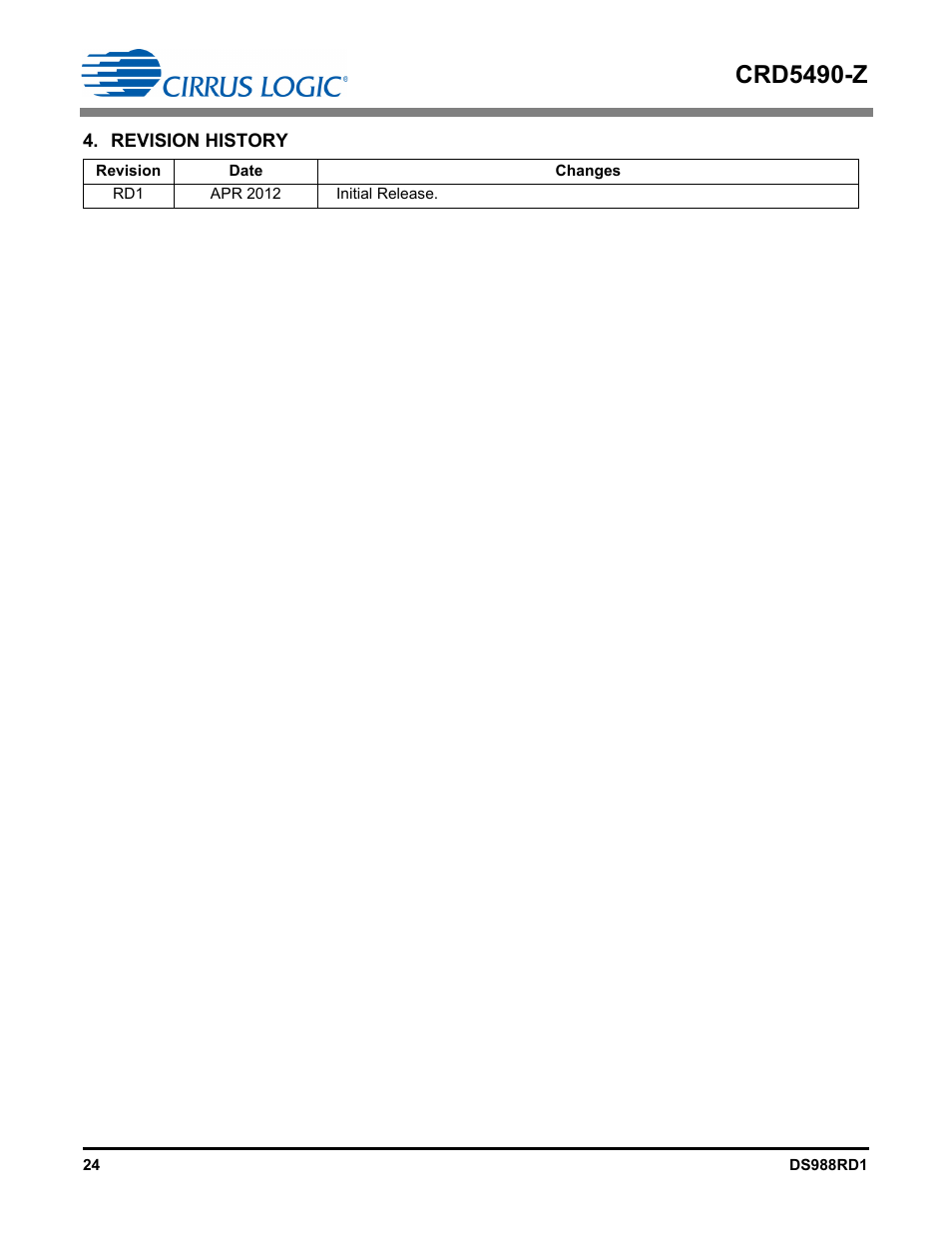 Revision history, Crd5490-z | Cirrus Logic CRD5490 User Manual | Page 24 / 40