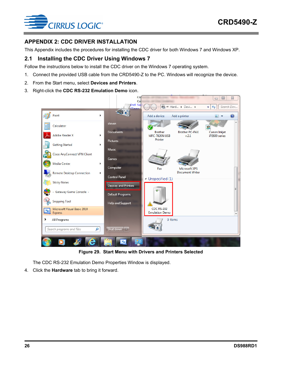 1 installing the cdc driver using windows 7, Crd5490-z | Cirrus Logic CRD5490 User Manual | Page 26 / 40
