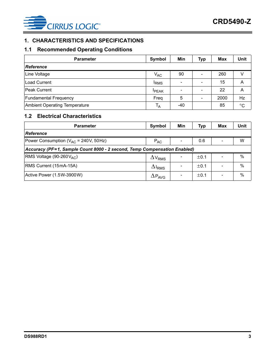 Characteristics and specifications, 1 recommended operating conditions, 2 electrical characteristics | Crd5490-z | Cirrus Logic CRD5490 User Manual | Page 3 / 40