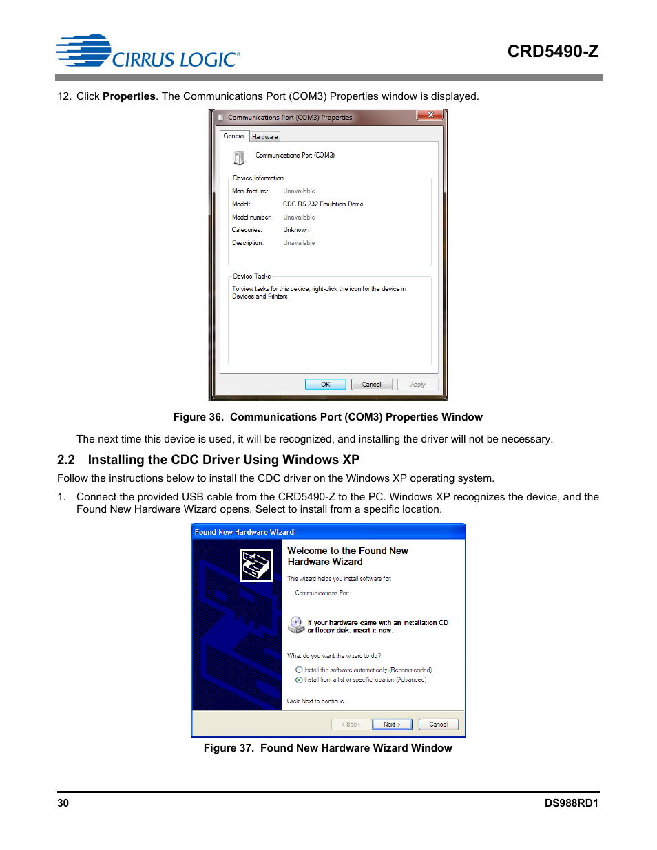 2 installing the cdc driver using windows xp, Crd5490-z | Cirrus Logic CRD5490 User Manual | Page 30 / 40