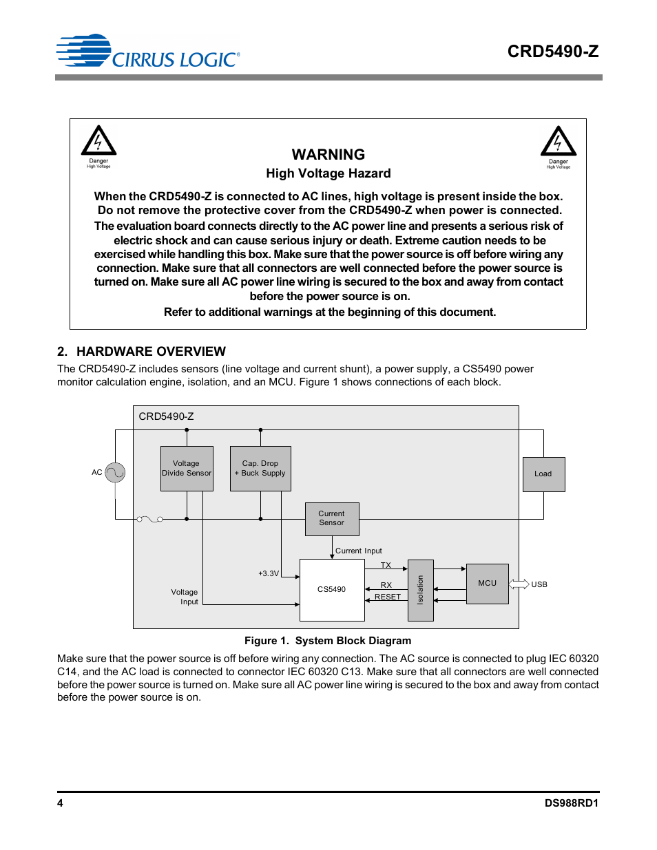 Hardware overview, Crd5490-z, Warning | High voltage hazard | Cirrus Logic CRD5490 User Manual | Page 4 / 40