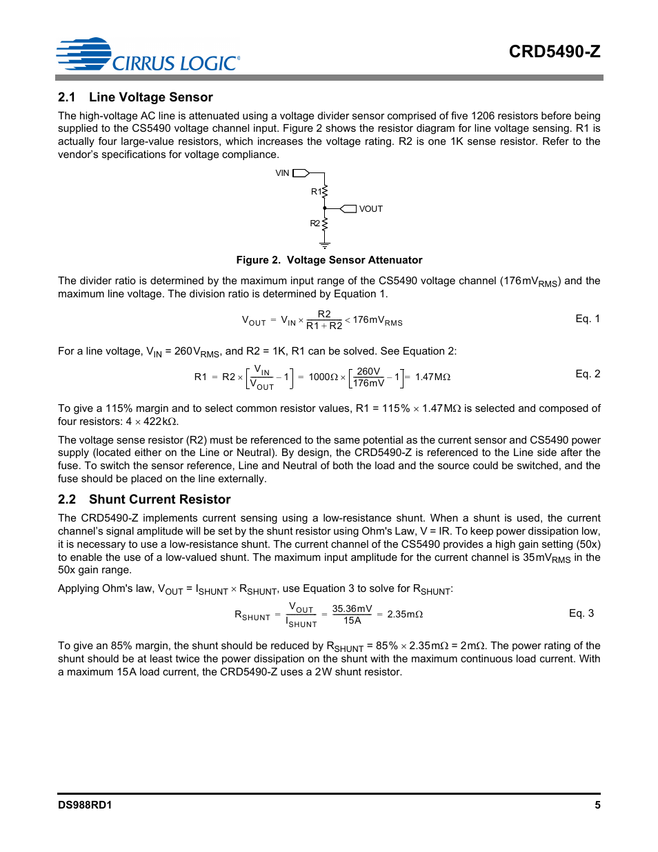 1 line voltage sensor, 2 shunt current resistor, Crd5490-z | Cirrus Logic CRD5490 User Manual | Page 5 / 40