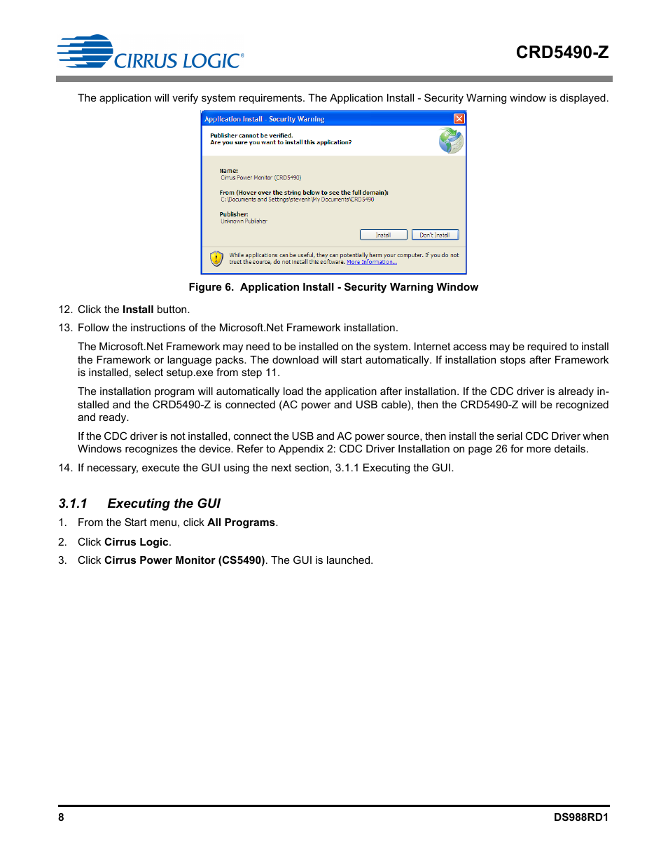 1 executing the gui, Crd5490-z | Cirrus Logic CRD5490 User Manual | Page 8 / 40