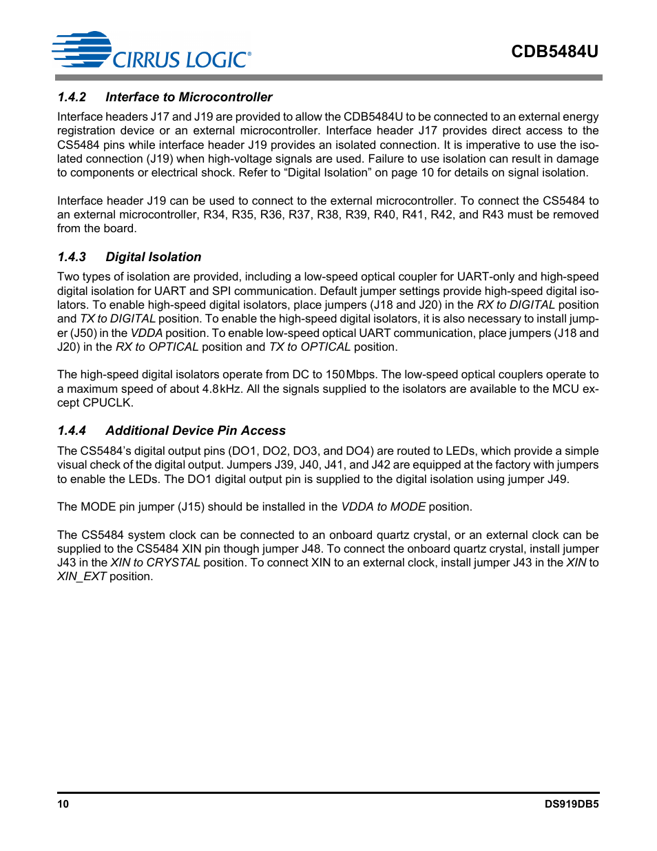 2 interface to microcontroller, 3 digital isolation, 4 additional device pin access | Cdb5484u | Cirrus Logic CDB5484U User Manual | Page 10 / 47