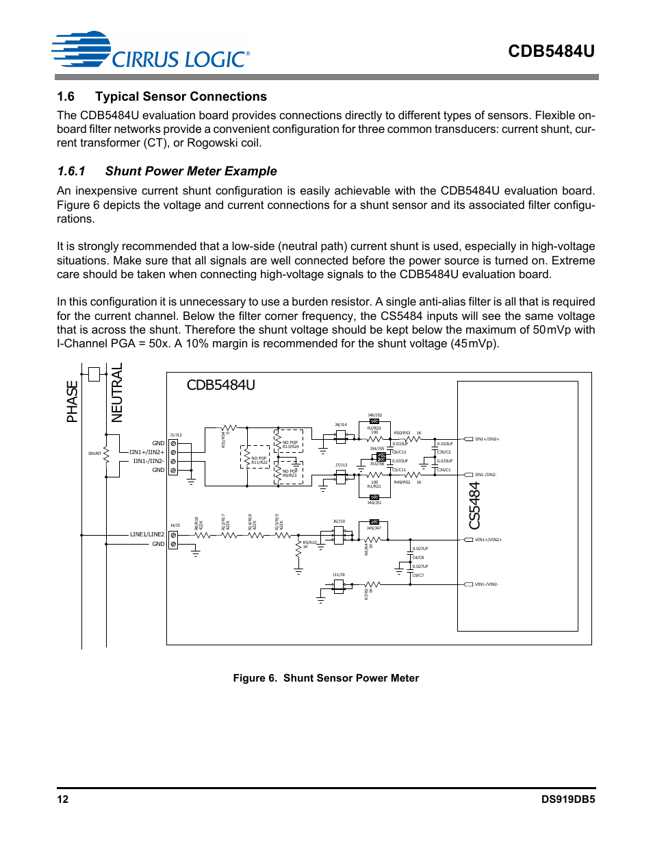 6 typical sensor connections, 1 shunt power meter example, Figure 6. shunt sensor power meter | Cdb5484u | Cirrus Logic CDB5484U User Manual | Page 12 / 47