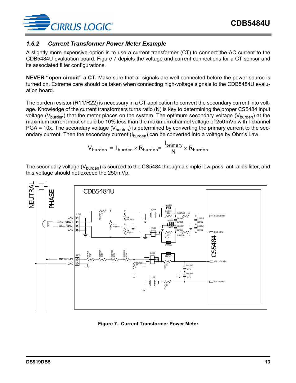 2 current transformer power meter example, Figure 7. current transformer power meter, Cdb5484u | N------------------ r, Burden, Primary | Cirrus Logic CDB5484U User Manual | Page 13 / 47