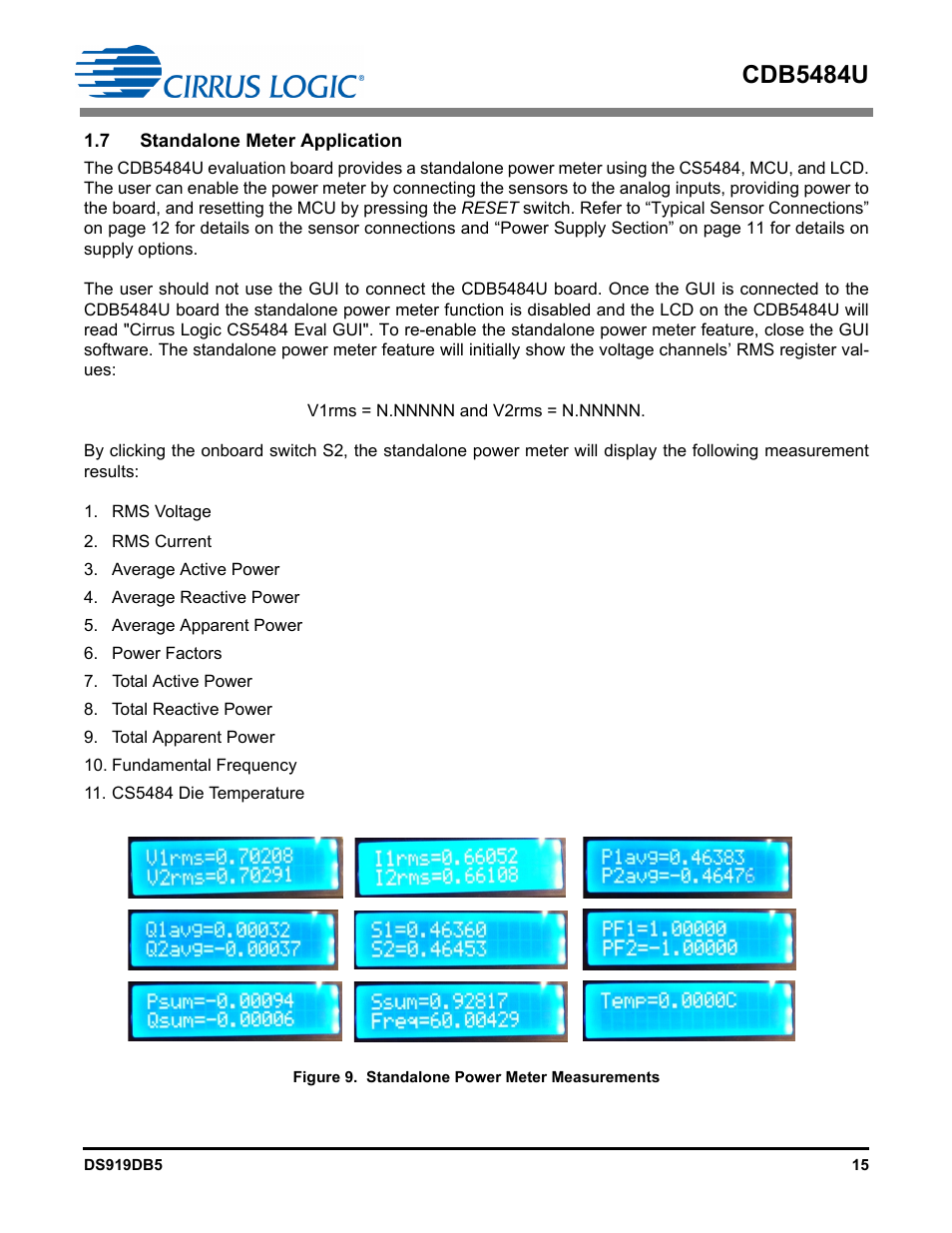 7 standalone meter application, Figure 9. standalone power meter measurements, Cdb5484u | Cirrus Logic CDB5484U User Manual | Page 15 / 47