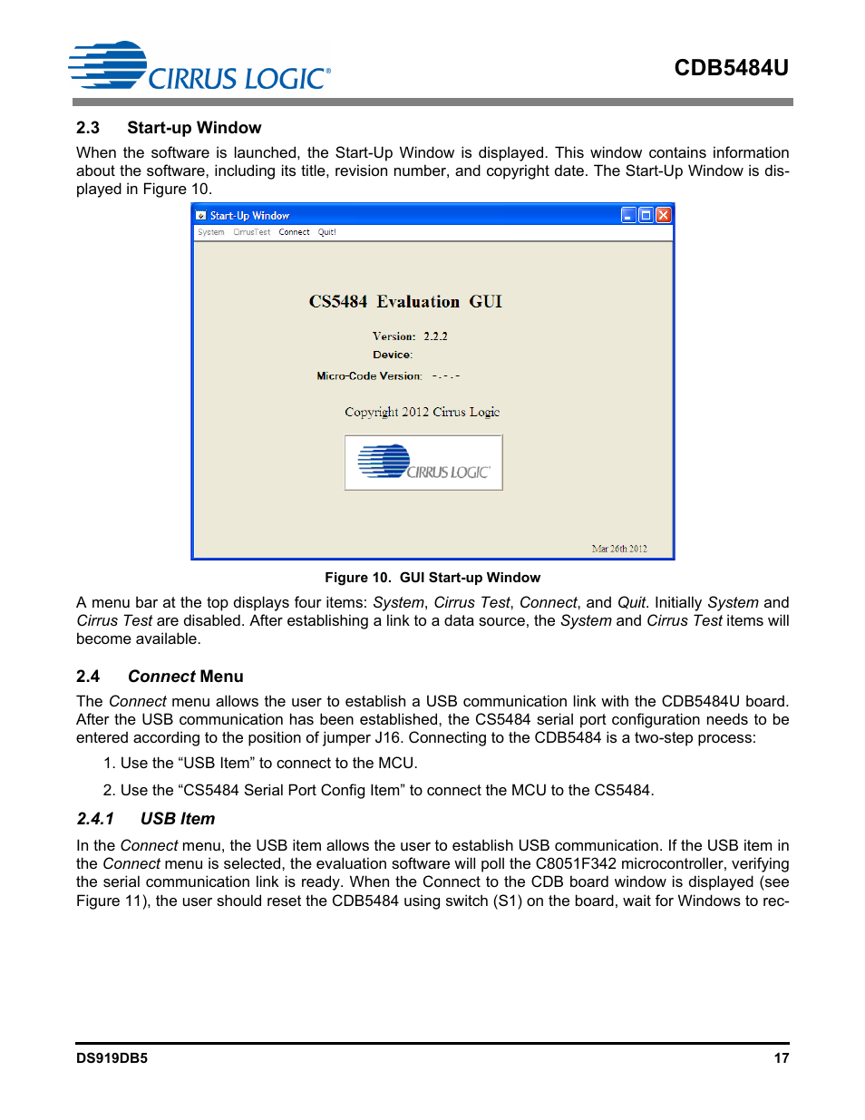 3 start-up window, 4 connect menu, 1 usb item | 3 start-up window 2.4 connect menu, Figure 10. gui start-up window, Cdb5484u | Cirrus Logic CDB5484U User Manual | Page 17 / 47