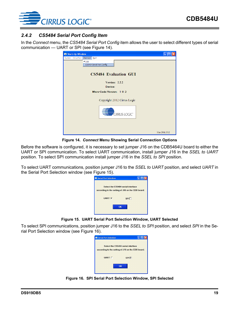 2 cs5484 serial port config item, Figure 14. con, Figure 15. uart | Cdb5484u | Cirrus Logic CDB5484U User Manual | Page 19 / 47