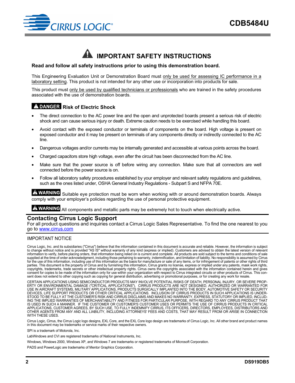Cdb5484u, Important safety instructions, Contacting cirrus logic support | Cirrus Logic CDB5484U User Manual | Page 2 / 47