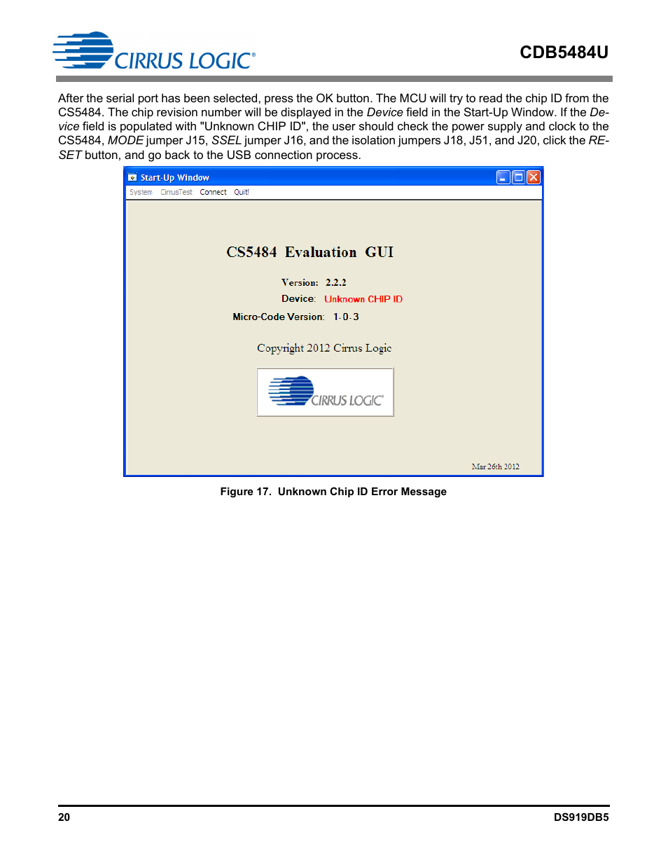 Figure 17. unknown chip id error message, Cdb5484u | Cirrus Logic CDB5484U User Manual | Page 20 / 47