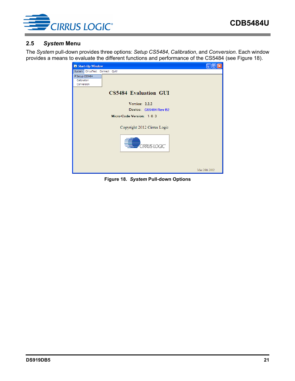 5 system menu, Figure 18. system pull-down options, Cdb5484u | Cirrus Logic CDB5484U User Manual | Page 21 / 47