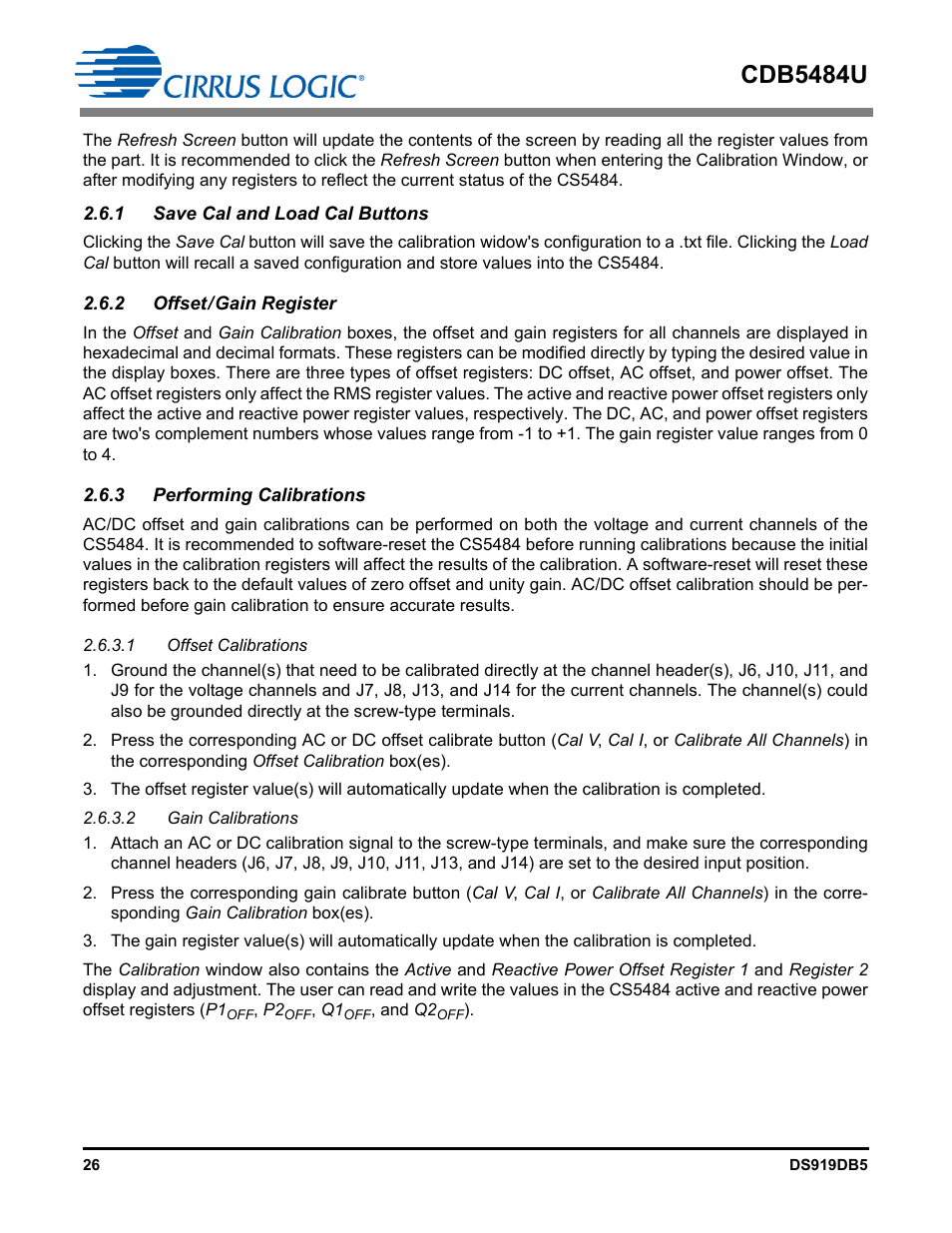 1 save cal and load cal buttons, 2 offset / gain register, 3 performing calibrations | 1 offset calibrations, 2 gain calibrations, Cdb5484u | Cirrus Logic CDB5484U User Manual | Page 26 / 47
