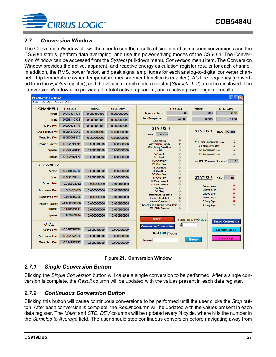 7 conversion window, 1 single conversion button, 2 continuous conversion button | Figure 21. conversion window, Cdb5484u | Cirrus Logic CDB5484U User Manual | Page 27 / 47