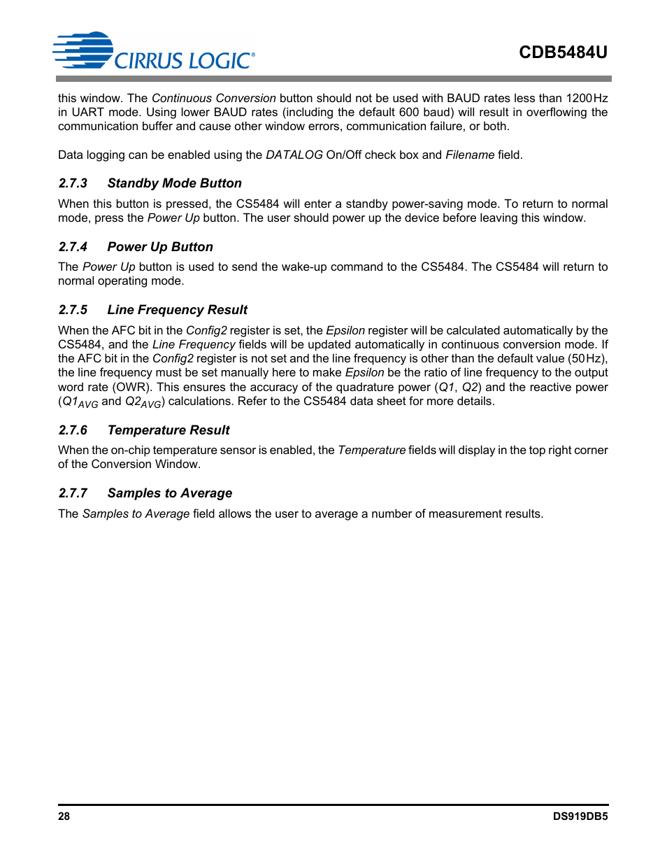 3 standby mode button, 4 power up button, 5 line frequency result | 6 temperature result, 7 samples to average, Cdb5484u | Cirrus Logic CDB5484U User Manual | Page 28 / 47