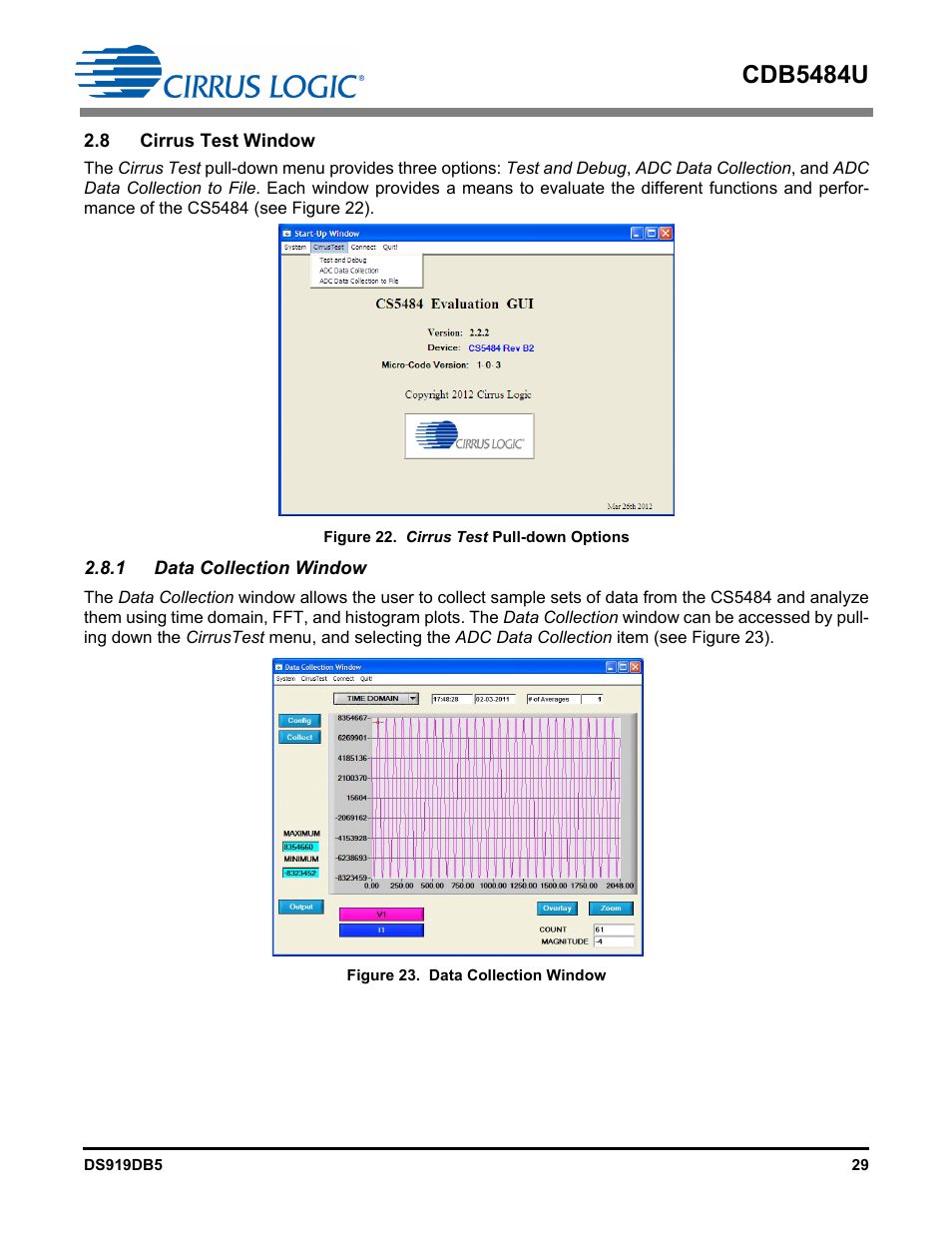 8 cirrus test window, 1 data collection window, Figure 22. cirrus test pull-down options | Figure 23. data collection window, Cdb5484u | Cirrus Logic CDB5484U User Manual | Page 29 / 47
