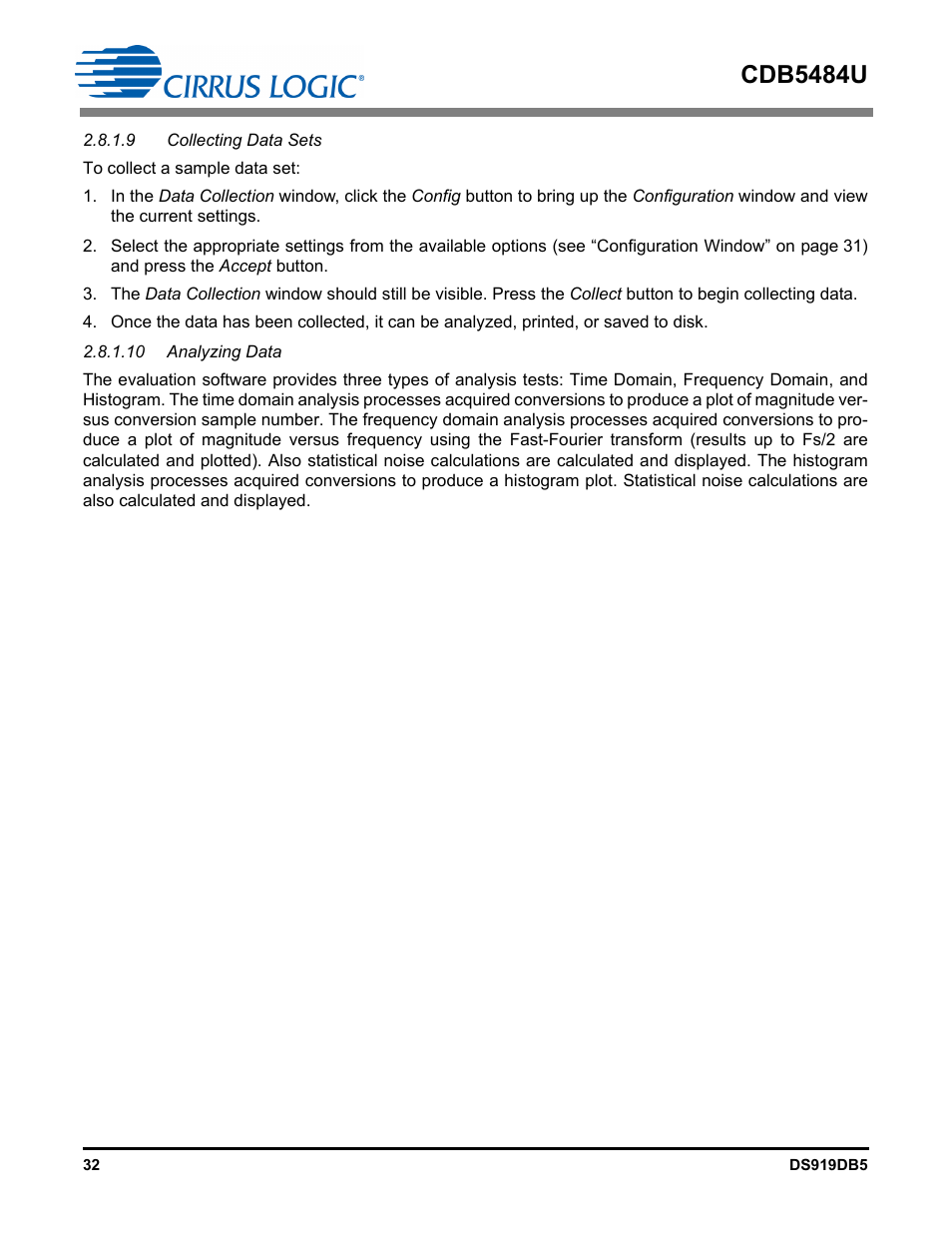 9 collecting data sets, 10 analyzing data, Cdb5484u | Cirrus Logic CDB5484U User Manual | Page 32 / 47