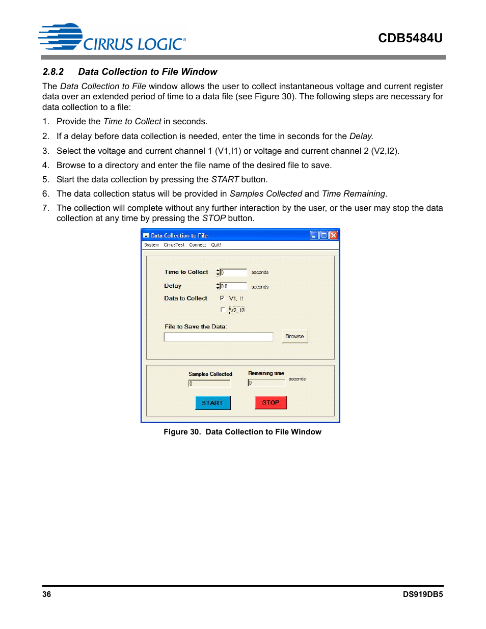 2 data collection to file window, Figure 30. data collection to file window, Cdb5484u | Cirrus Logic CDB5484U User Manual | Page 36 / 47