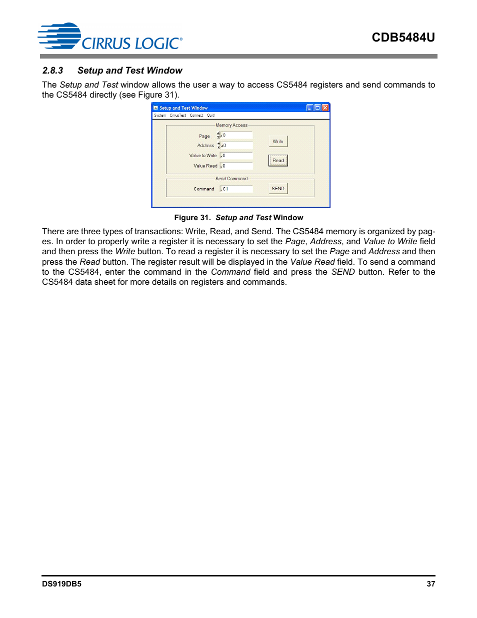 3 setup and test window, Figure 31. setup and test window, Cdb5484u | Cirrus Logic CDB5484U User Manual | Page 37 / 47