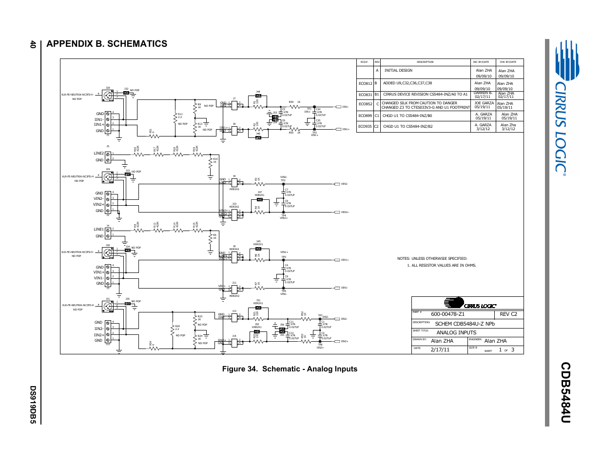 Appendix b. schematics, Figure 34. schematic - analog inputs, Cdb5484u | Neutrik | Cirrus Logic CDB5484U User Manual | Page 40 / 47
