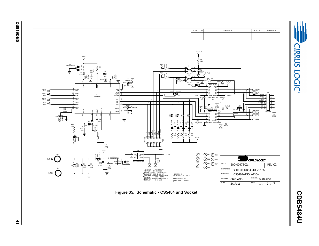Figure 35. schematic - cs5484 and socket, Cdb5484u, 3v gnd | Cirrus Logic CDB5484U User Manual | Page 41 / 47