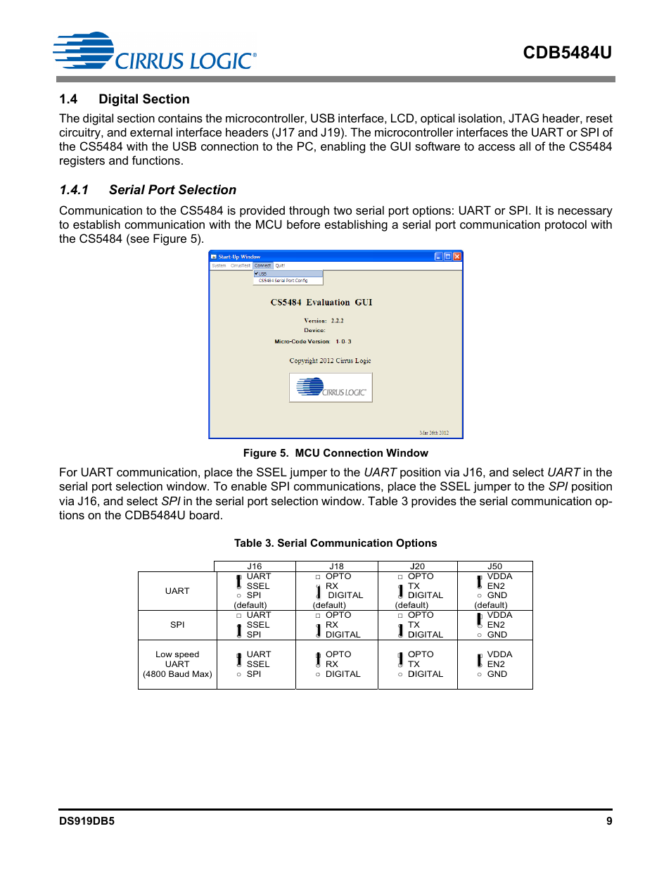 4 digital section, 1 serial port selection, Figure 5. mcu connection window | Cdb5484u | Cirrus Logic CDB5484U User Manual | Page 9 / 47